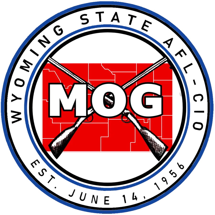 Wyoming State AFL-CIO Month of Guns raffle logo featuring 'MOG' in bold white letters with two crossed rifles over a red Wyoming state outline, established June 14, 1956